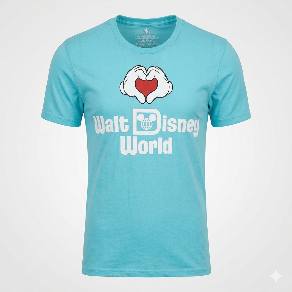 NWOT Walt Disney World Blue T-Shirt Mickey Mouse Heart Hands Logo Adult Large